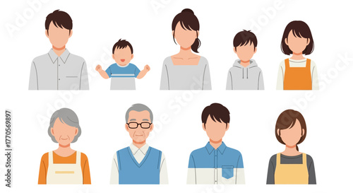 Diverse collection of flat design illustrations portraying family members and different generations, from infants to seniors, ideal for user profiles and anonymous people representations