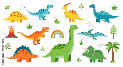 A vibrant collection of cartoon dinosaurs, palm trees, and a volcano, showcasing prehistoric life and a colorful rainbow for a fun, educational theme