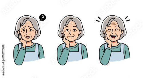 Visual progression of a senior woman's emotions, from perplexed uncertainty and pensive reflection to an outburst of delightful laughter, capturing diverse human feelings