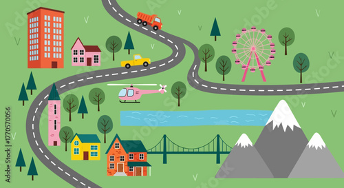 Whimsical cartoon cityscape with winding roads, diverse buildings, vehicles, a Ferris wheel, and majestic mountains, depicting a vibrant community and travel possibilities