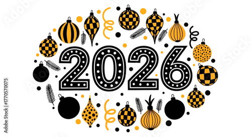 Festive 2026 New Year Celebration Design with Ornaments and Confetti