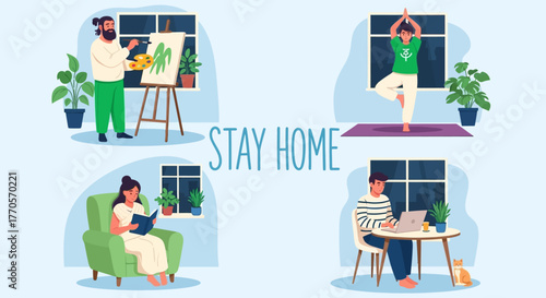 Stay Home Activities Artistic Painting, Yoga, Reading, and Working