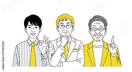 Dynamic illustration of three multi-generational Asian men showcasing diverse expressions agreement, contemplation, and brilliant ideas, depicted in a modern line 