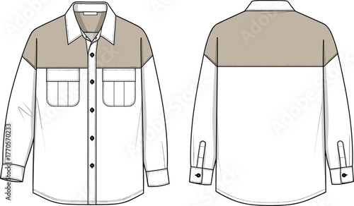 Long sleeve button up shirt, front and back view, technical fashion sketch, garment construction, flat vector, cad drawing illustration