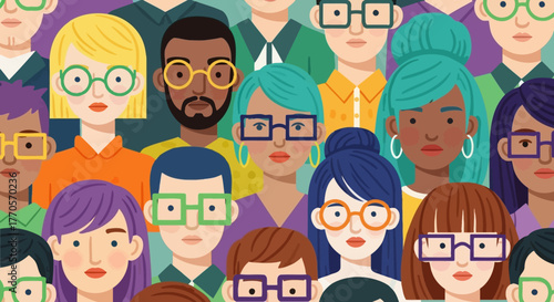 Diverse Group of People with Eyeglasses and Colorful Hair in Crowd