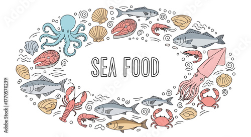 Colorful vector illustration showcasing a diverse collection of popular seafood items arranged in an elegant oval frame, ideal for food-related graphics and culinary themes