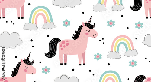 Magical Seamless Pattern Featuring Adorable Pink Unicorns, Rainbows, and Fluffy Clouds for Children's Designs