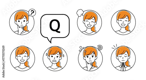 Collection of diverse facial expressions of a woman in a clean, modern, circular icon style, conveying a range of emotions from confusion to joy and worry, presented against a white background