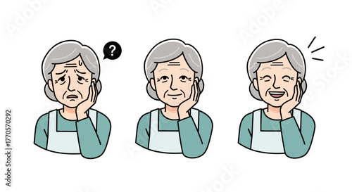 Three elderly women expressing different emotions confusion, sadness, and joy