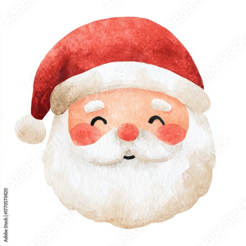 A cheerful watercolor illustration of Santa Claus with a bright red hat and a joyful expression, Perfect for holiday marketing, greeting cards, or festive decor,