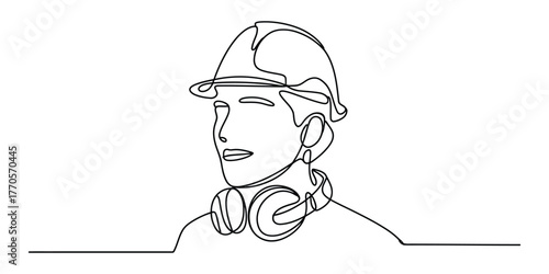 Minimalist continuous line drawing of a person wearing a hard hat and headphones vector