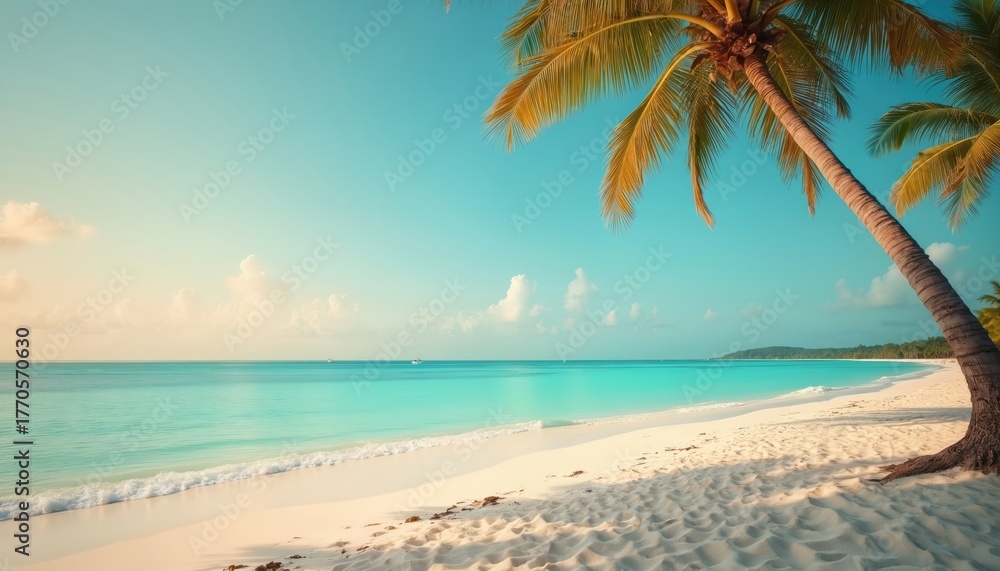 Fototapeta premium Tropical paradise view with palm trees on white sand beach. Turquoise ocean water meets peaceful blue sky horizon. Summer vacation destination at sea coast. Scenic landscape evokes calming mood.