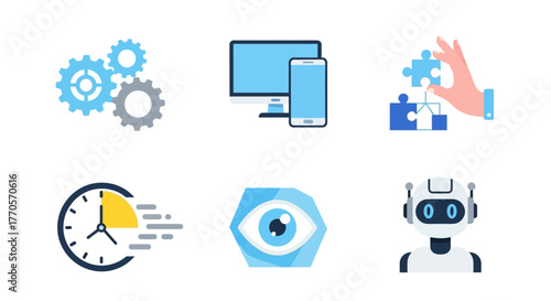 Collection of technology and efficiency icons illustrating concepts like teamwork, digital devices, problem-solving, time management, and artificial intelligence