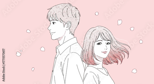 A serene illustration of a young couple standing back-to-back, surrounded by soft pink cherry blossoms, reflecting on shared moments and individual paths with gentle expressions