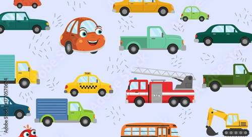 Playful and colorful cartoon vehicle pattern for children's designs, featuring an assortment of cheerful cars, trucks, buses, and construction machines creating a dynamic and engaging background
