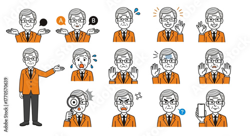 Set of diverse emotional expressions displayed by a senior businessman wearing an orange suit
