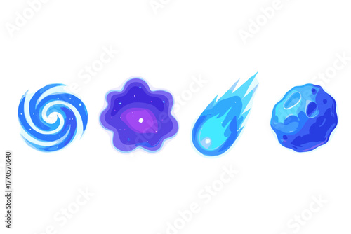 Vector illustration in flat cartoon style (gradient fill + glow), consisting of 4 icons of space objects in a single ice-blue palette.