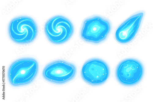 Vector illustration in flat cartoon style (gradient fill + glow), consisting of 9 icons of galaxies and space objects in a single ice-blue palette.