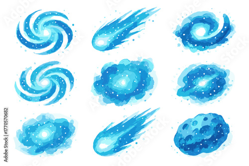 9 cartoon space objects in blue and light blue colors with a glowing effect, made in a single cartoon style with a soft gradient, glow, stars, and slight transparency.