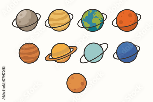 Vector illustration in flat cartoon style (silhouette + color fill + black outline), consisting of 8 icons of the planets of the Solar System in a simplified, childlike style.