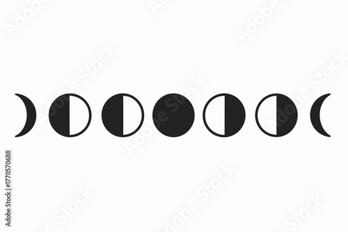 vector illustration in flat minimal style (silhouette, monochrome), consisting of 7 icons of the phases of the moon in classic sequence