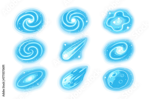 9 cartoon space objects in blue and light blue colors with a glowing effect, made in a single cartoon style with a soft gradient, glow, stars, and slight transparency.
