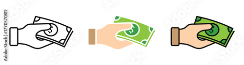 Money in hand icons. Hand holding cash symbol. Transparent PNG and vector