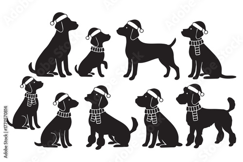 Collection of black dog silhouettes wearing festive santa hats and scarves for christmas