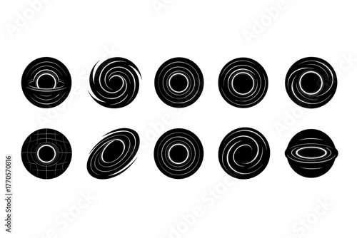 Ten black-and-white illustrations depicting black holes with accretion disks are presented at different angles of rotation and stages of visual effect.