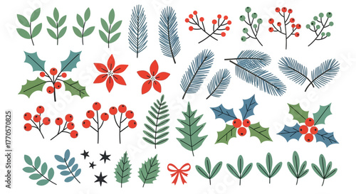Festive Winter Holiday Elements Holly, Pine Needles, Berries, and Poinsettias for Seasonal Decorations and Design