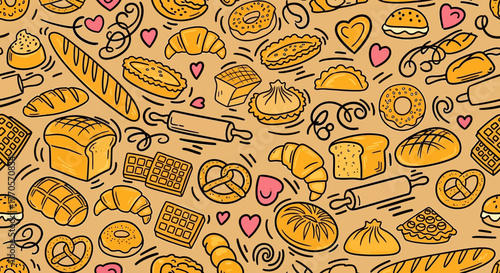 A Whimsical Pattern of Baked Goods and Hearts, Perfect for Food-Themed Designs