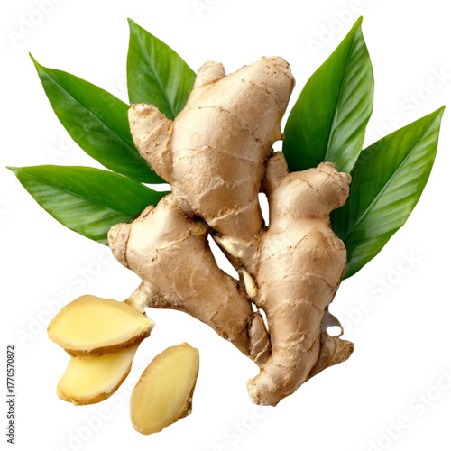 Fresh ginger root with vibrant green leaves healthy spice ingredient food photography close-up