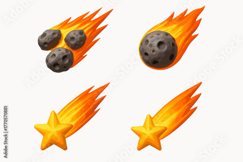 A set of illustrated space objects on a white background. All elements are stylized. A graphic image that can be used for space illustrations, scientific designs, or science fiction themes.