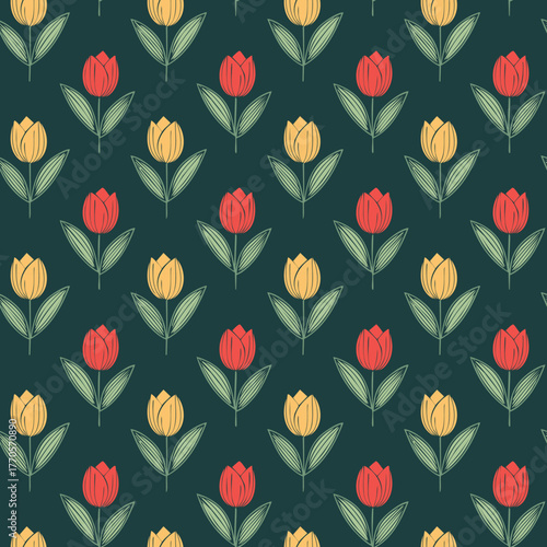 Seamless pattern with textured red and yellow tulips.