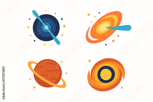 4 colorful icons of space objects, made in a uniform cartoon style with soft shadows, bright colors, and a slight gradient.