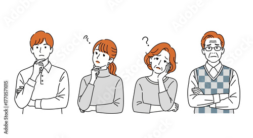 Thoughtful diverse group of people across generations. Young and elderly individuals with pensive, confused, or questioning expressions, symbolizing contemplation, doubt, and problem-solving