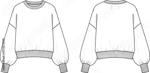 Long sleeve sweatshirt technical flat sketch, crew neck fashion illustration, garment construction drawing, vector apparel template, cad drawing flat vector illustration