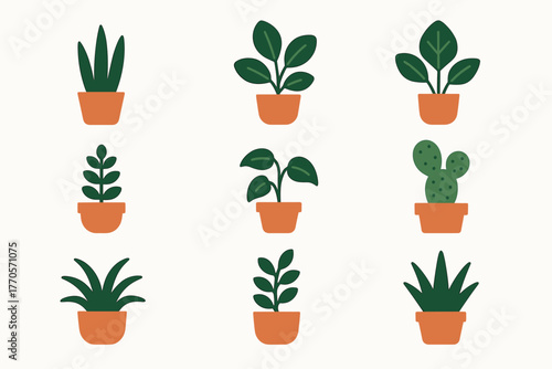 Vector illustration in flat minimal style (silhouette + color fill), consisting of 9 icons of indoor plants in pots.