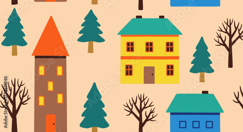 Whimsical illustration of a quaint village with colorful houses and evergreen trees creating a charming and cheerful atmosphere