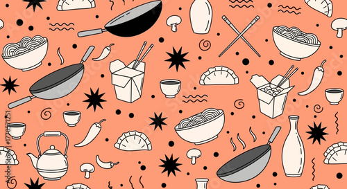 Vibrant Asian culinary seamless pattern featuring traditional cooking utensils like woks, frying pans, and chopsticks, alongside delicious dishes such as noodles and dumplings, 