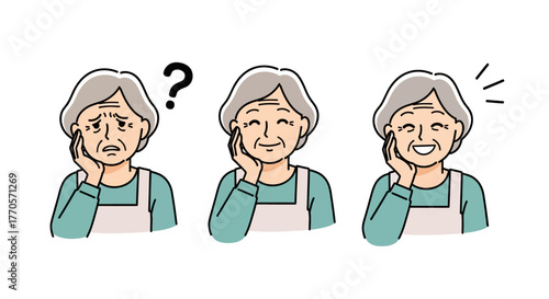 Senior woman's emotional journey confusion to happiness, showing stages of feeling