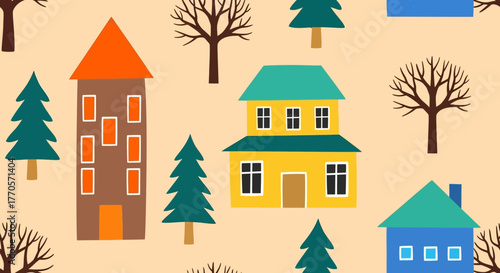 Colorful Cartoon Houses and Trees Seamless Pattern for Backgrounds and Designs