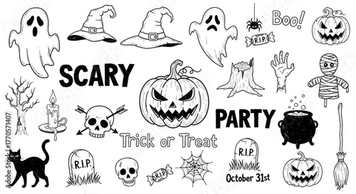 Halloween Party Decorations Featuring Scary Pumpkins Ghosts Witch Hats And Trick Or Treat Elements