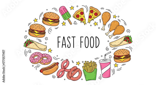 A delightful hand-drawn collection of popular quick-service dishes, including hearty burgers, classic hot dogs, golden fries, and sweet donuts, perfect for a vibrant culinary display