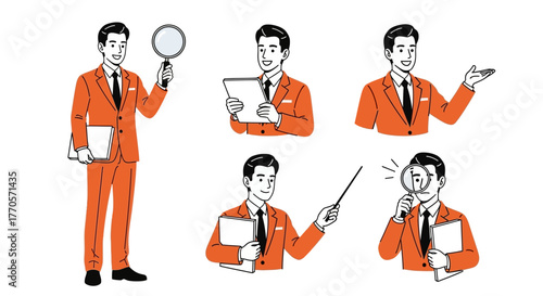 Businessman in Suit Holding Magnifying Glass, Tablet, and Pointing Stick in Various Poses
