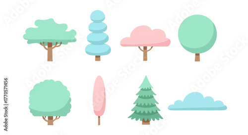 Colorful Trees Diverse Types in Flat Design Style