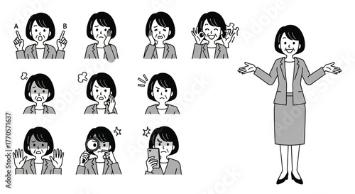 A versatile black and white illustration set of a middle-aged businesswoman showing various facial expressions and a full-body welcoming pose