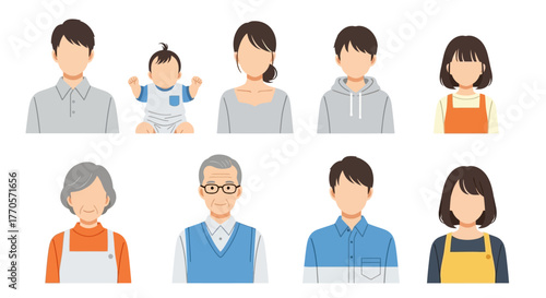 Vector illustration set of anonymous people icons. Different ages and genders for family and community concepts