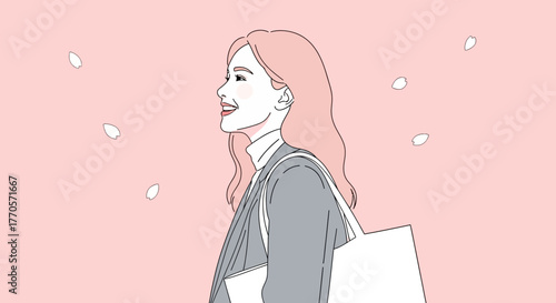Uplifting illustration of a joyful young woman with a gentle smile, surrounded by delicate falling petals, symbolizing optimism, new beginnings, and the serene essence of a spring day