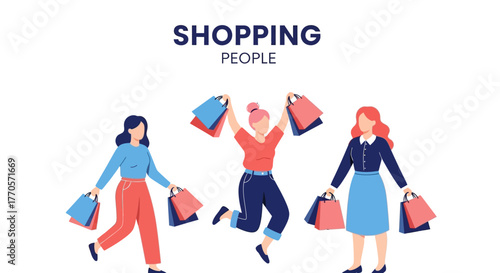 Vector illustration of happy female friends with shopping bags, celebrating a sale. Modern flat character design concept for a poster or banner